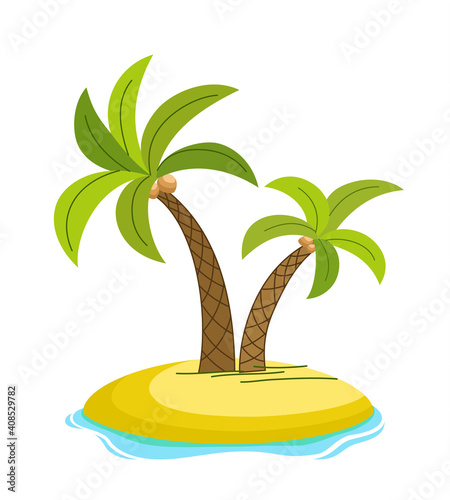 Tropical palm on island with sea waves illustration isolated white background. Beach under palm tree. Summer vacation in tropics. Cartoon illustration