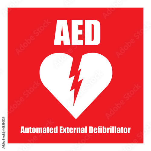 AED,automated external defibrillator / aed sign with heart and electricity symbol flat vector icon	
