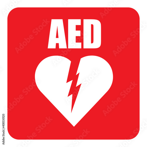 AED,automated external defibrillator / aed sign with heart and electricity symbol flat vector icon	
