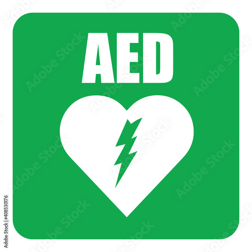 AED,automated external defibrillator / aed sign with heart and electricity symbol flat vector icon	
