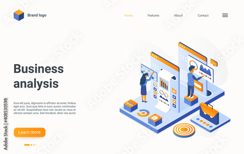 Business analysis concept isometric vector illustration. Cartoon 3d businessman character team analyzing data information, working with database charts on dashboard, digital technology landing page