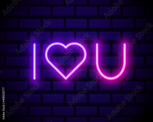 I love you neon. Heart sign. Neon text I Love You with heart isolated on brick wall background
