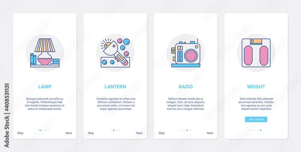 Electronics store, small household appliances vector illustration. UX, UI onboarding mobile app page screen set with line lighting home domestic technology, electric lamp lantern radio scales symbols