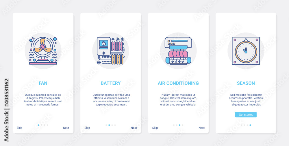 Air conditioning, heating home appliances vector illustration. UX, UI onboarding mobile app page screen set with line room temperature regulator, fan heater battery conditioner for electronics store