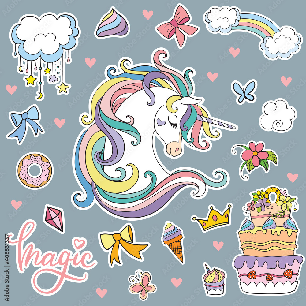 Set of cute cartoon unicorn vector illustration