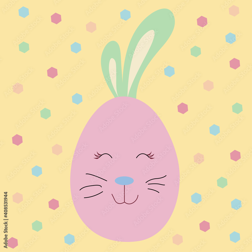 Happy easter. Purple easter egg with bunny ears on yellow background. Vector cartoon illustration. Pastel colors. Colored egg for easter holiday. Easter decoration. Happy easter. Purple easter egg with bunny ears on yellow background. Vector cartoon illustration. Pastel colors. Colored egg for easter holiday. Easter decoration.