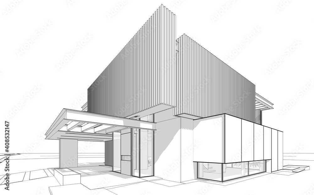 3d rendering of modern cozy house with parking and pool for sale or rent with wood plank facade. Black line sketch with soft light shadows on white background. 3d rendering of modern cozy house with parking and pool for sale or rent with wood plank facade. Black line sketch with soft light shadows on white background.