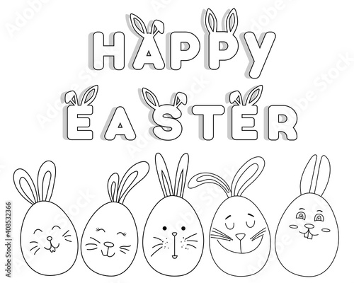 Happy easter. Coloring book for children with Easter bunnies, lettering. Easter eggs. Happy Easter lettering card. Vector illustration.