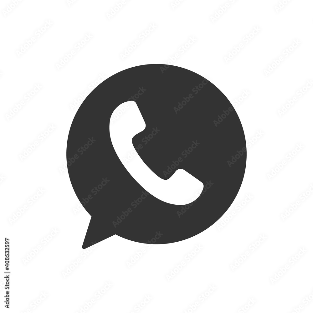 Phone and bubble icon. Black silhouette chat with handset. Message symbol. Vector isolated on white. Phone and bubble icon. Black silhouette chat with handset. Message symbol. Vector isolated on white.