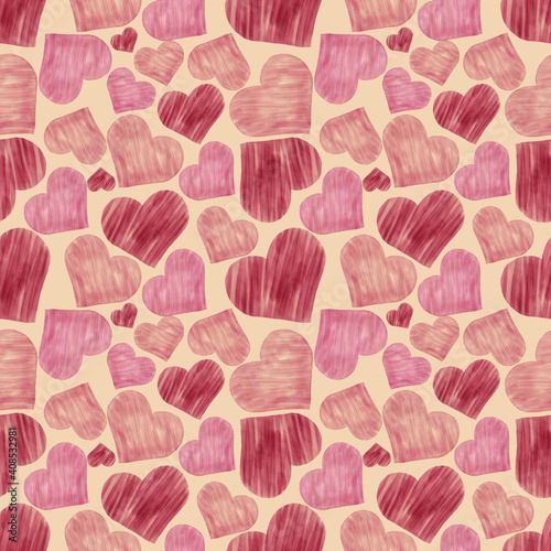 Love hearts seamless pattern. Valentines day watercolor drawing tiled background. Valentine's day greeting decoration.