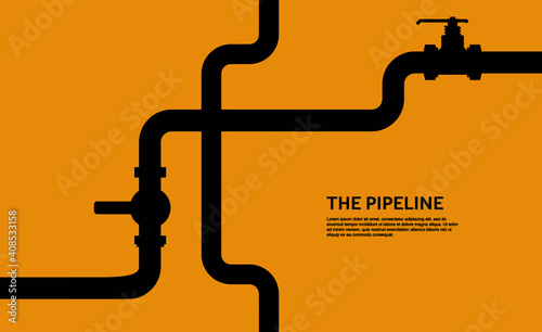 Web banner template. Industrial background with yellow pipeline. Oil, water or gas pipeline with fittings and valves. Vector illustration in a flat style. photo