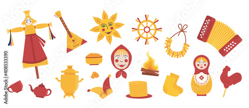 Set of elements for Maslenitsa Pancake Week. Doll in ethnic dress with straw head. Samovar, accordion, folk sun, balalaika and bublik. Traditional Winter Festival. Slavic Holiday Shrovetide. Vector.