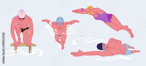 Collection of people dressed in swimwear in the pool. Men and women in swimsuits engaged in water sports. Swimmers set. Colorful vector illustration in cartoon style.