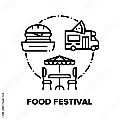 Food Festival Vector Icon Concept. Burger And Pizza, Truck For Cooking Delicious Nutrition And Table With Chairs And Umbrella For Eating Street Fast Food Festival Black Illustration