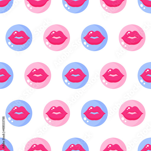 Wallpaper Mural Seamless pattern of lips and kisses in pink and blue circles for the wedding or Valentine's Day. Torontodigital.ca