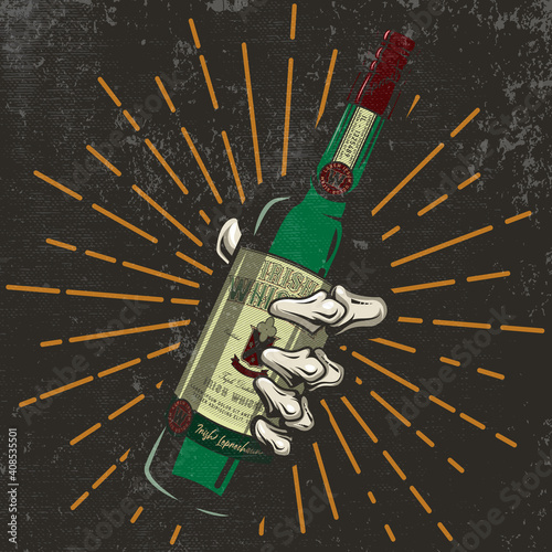 Bottle of irish whiskey in skeleton hand. Design template. Vector illustration of beverage bottle in skeleton hand with star rays on grunge background in engraving technique. 