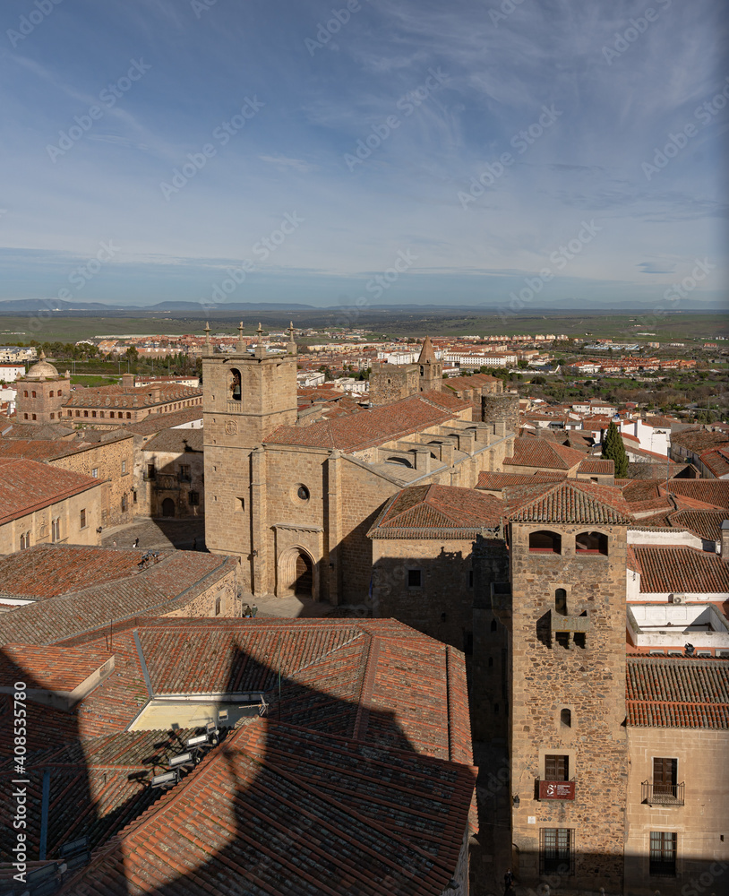 Photo of the rooftops of the medieval part of Caceres shot from one of the towers of the main church at Saint Jorge square.