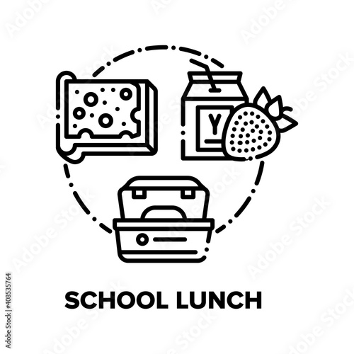 School Lunch Vector Icon Concept. Sandwich Bread With Butter And Sliced Cheese, Strawberry Juice Or Yogurt, Meal Packages For Transportation School Lunch. Dish For Children Black Illustration