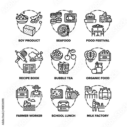 Food Lunch Set Icons Vector Black Illustrations. Soy Product And Recipe Book, Seafood And Farmer Worker, Organic And Festival Food, Bubble Tea Drink And Milk Factory Black Illustrations