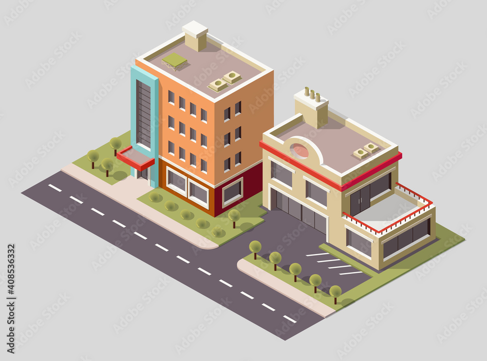 isometric icon or infographic element representing low poly factory building and industrial structures. Building 3d icon