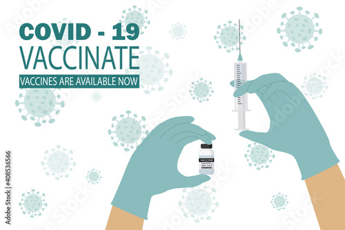 Coronavirus Vaccine concept with virus pathogen cells. Doctor in surgical gloves is holding a vaccination syringe and vial for treatment Covid-19. Flat vector illustration isolated on white background