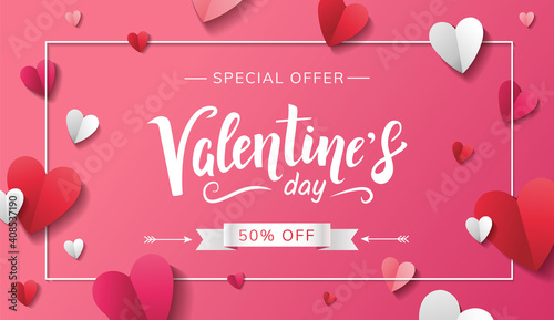 Vector template for Valentine's day sale with hand drawn lettering, paper hearts, arrows and ribbon. Special offer 50% off
