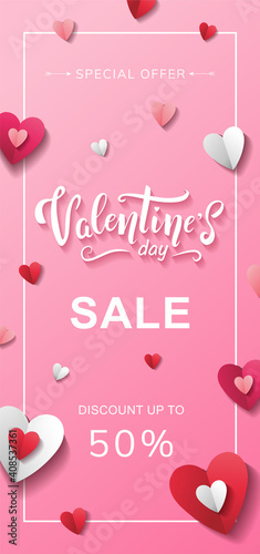 Fototapeta Naklejka Na Ścianę i Meble -  Valentine's day sale hand drawn lettering flyer design with cute paper hearts on light pink background. Special offer discount up to 50%. - Vector