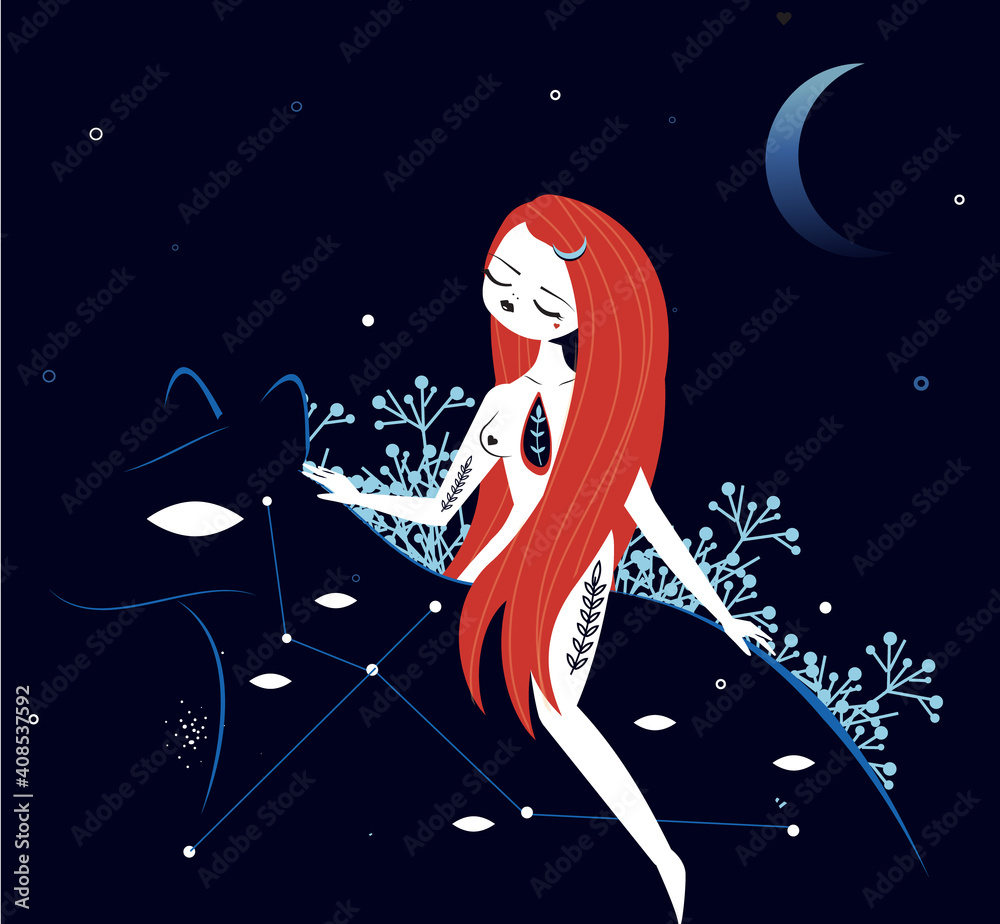 Beautiful fairy girl sitting on fantasy animal and walk through starry night. Mystic illistration Beautiful fairy girl sitting on fantasy animal and walk through starry night. Mystic illistration