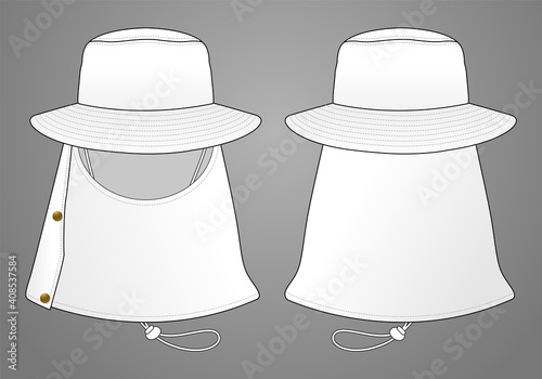 White UV Protection Bucket Hat With Fabric Cover Face-Neck and Rope Stopper Template Vector.Front and Back View.