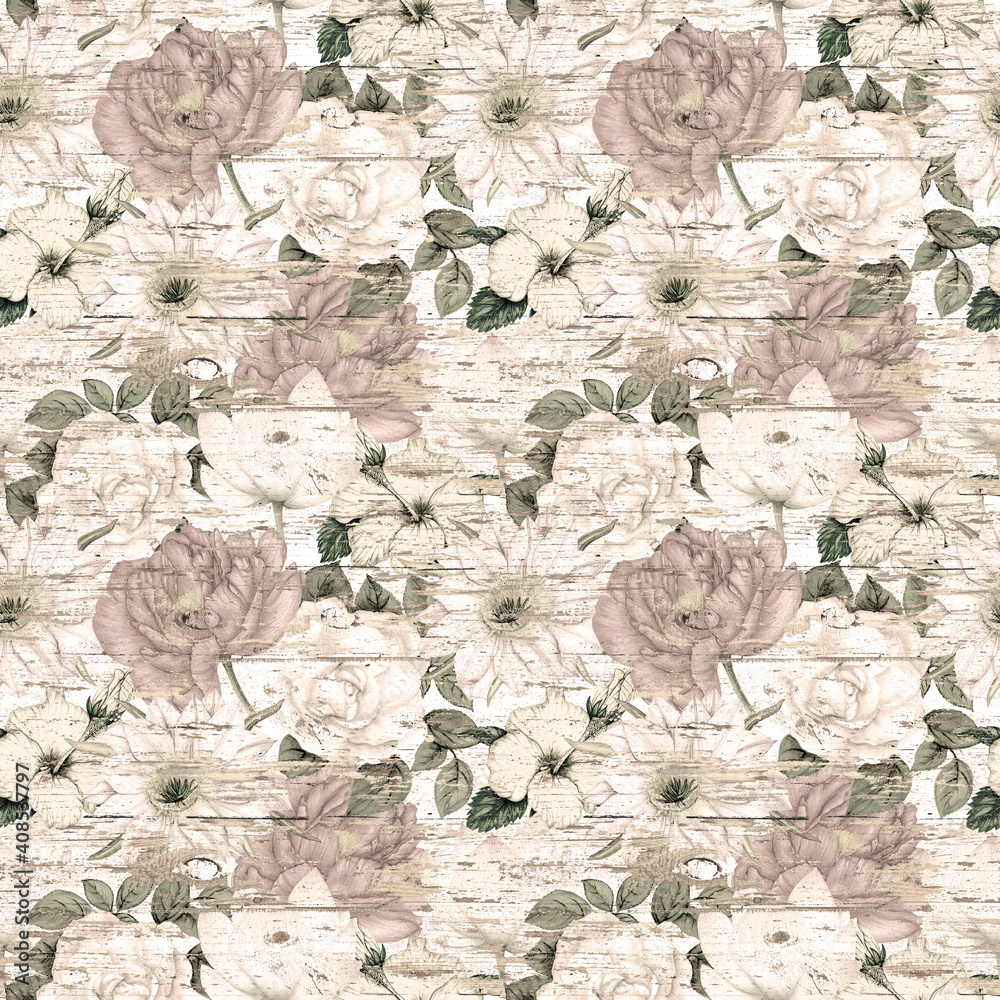 Textured floral pattern, Shabby chic pattern,Hand drawn floral pattern