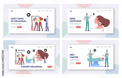 Skin Cancer Landing Page Template Set. Tiny Doctor Oncologist Character Examine Woman Moles with Magnifier