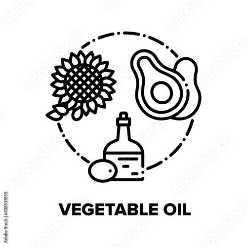 Vegetable Oil Vector Icon Concept. Olive, Sunflower And Avocado Extra Virgin Vegetable Oil, Natural Eco Clean Product Ingredient For Frying Dish Or Vegetarian Salas Black Illustration