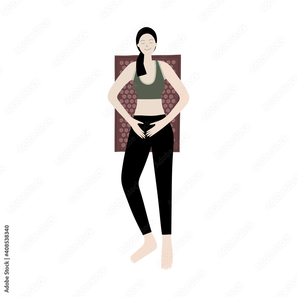 Vector flat hand drawn illustration of a woman lies on an applicator massage mat. Applicators for self-massage. Acupressure, acupuncture, healthy body, muscle relaxation Vector flat hand drawn illustration of a woman lies on an applicator massage mat. Applicators for self-massage. Acupressure, acupuncture, healthy body, muscle relaxation
