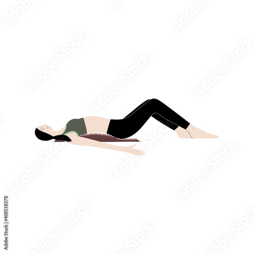 Vector flat hand drawn illustration of a woman lies on an applicator massage mat and pillow. Applicators for self-massage. Acupressure, acupuncture, healthy body, muscle relaxation