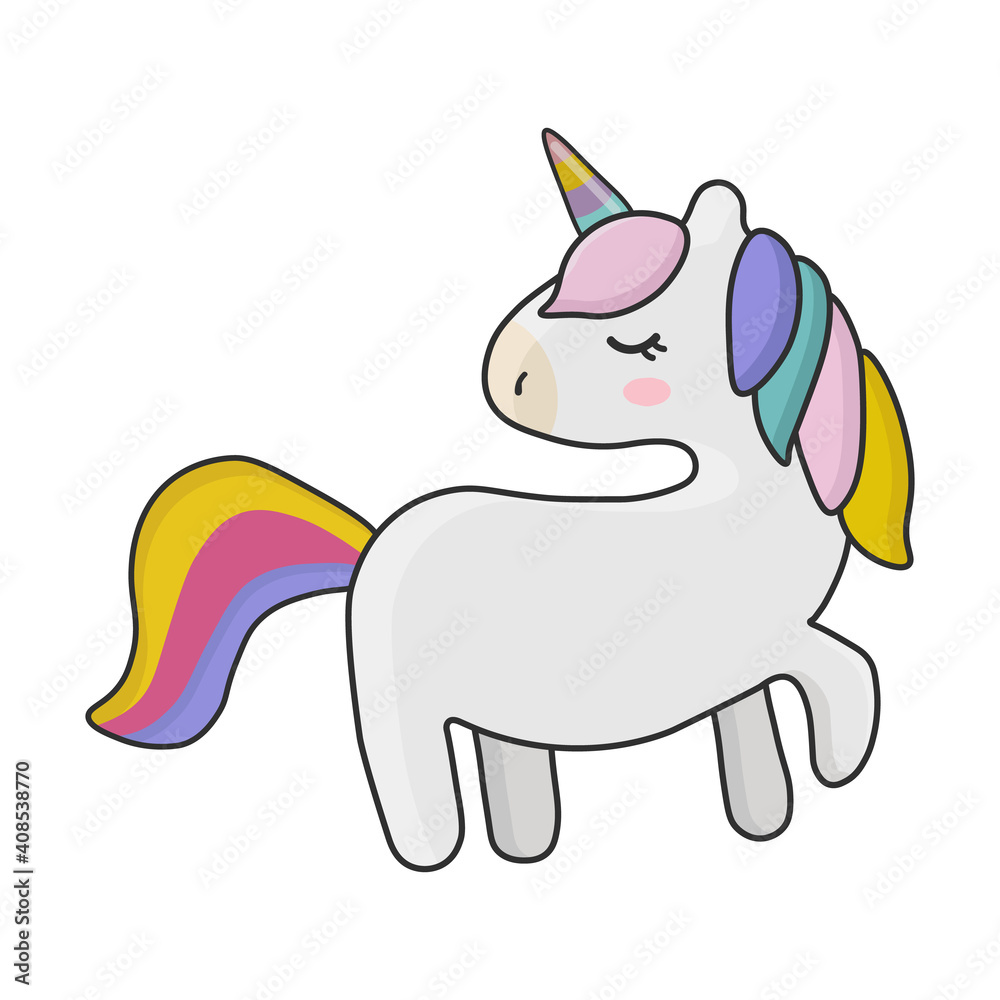 Cute little white magic unicorn. Vector illustration isolated on white background. Print for t-shirts, stickers, design and more. Cute little white magic unicorn. Vector illustration isolated on white background. Print for t-shirts, stickers, design and more.