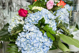 Social events room decorated with hydrangea flowers.