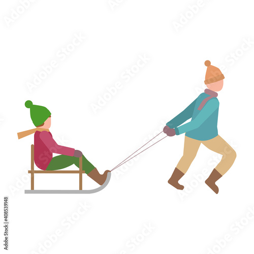 A parent pulling a child on a sledge