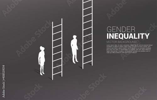 Businessman standing with higher ladder than businesswoman. Concept of gender inequality in business and obstacle in woman career path