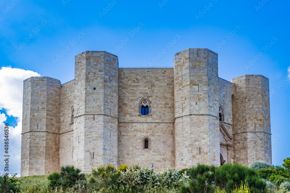 Castel del Monte on blue sky background, Italy