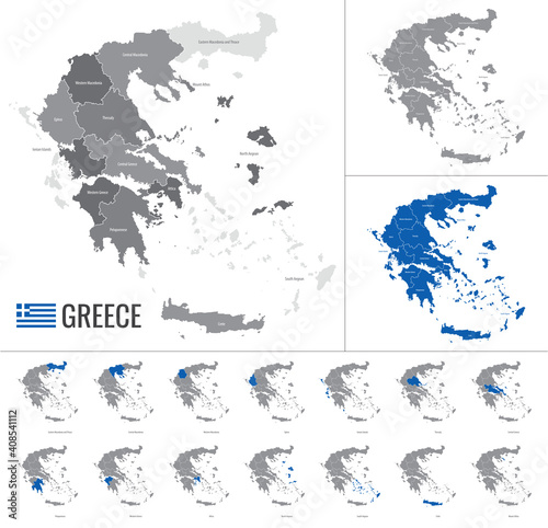 Detailed vector map of Greece regions with country flag