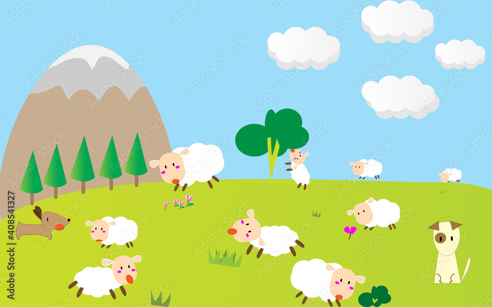 sheep in the meadow Cartoon sheep with Dachshund and dog in countryside farm .The media for kid education
