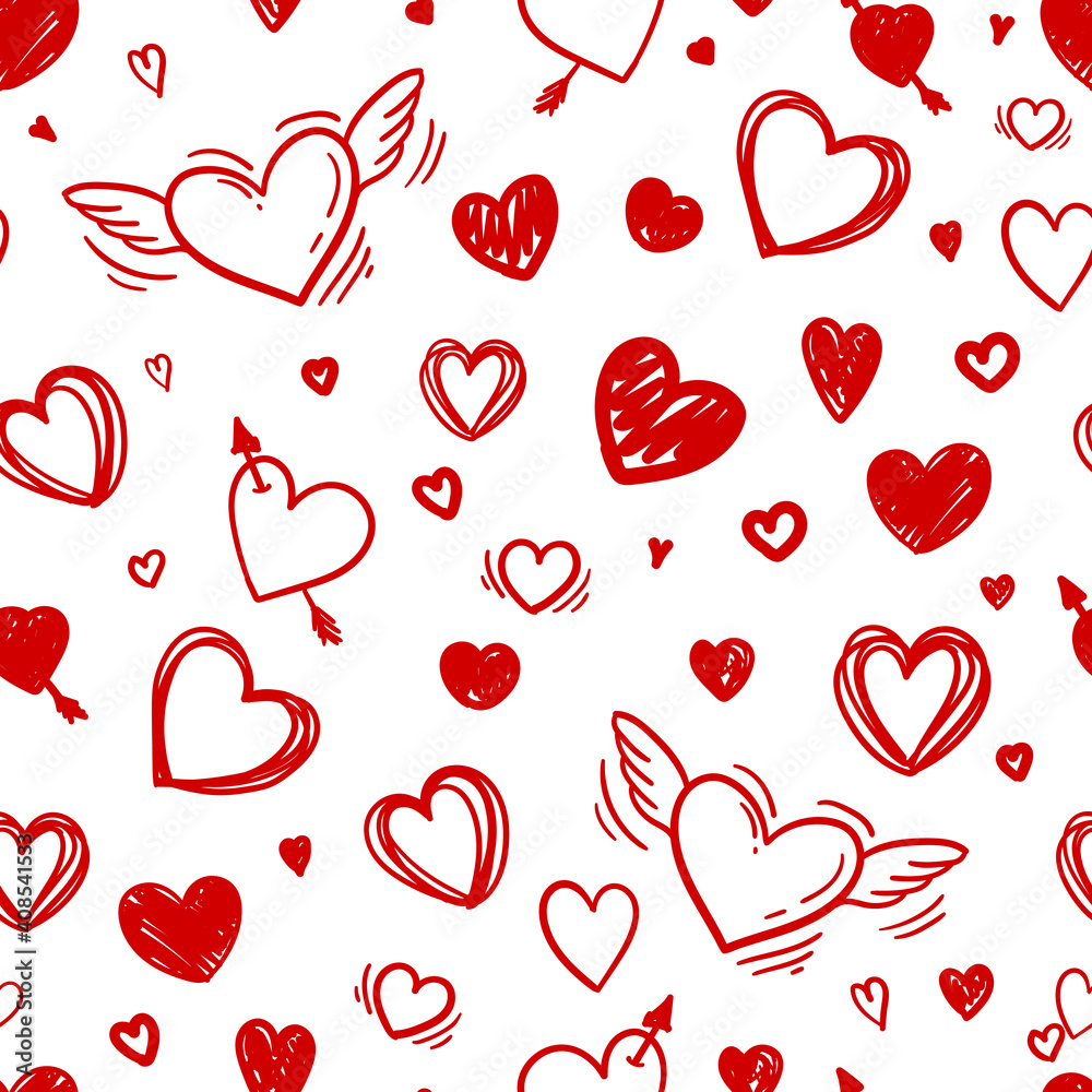 beautiful seamless pattern with doodle sketch heart. design for holiday greeting card and invitation of the wedding, Valentine's day and Happy love day - obrazy, fototapety, plakaty 