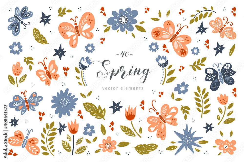 Spring big collection. Hand drawn illustration on white background - obrazy, fototapety, plakaty 