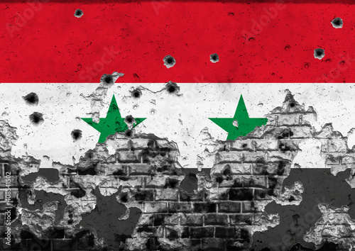 Concept of the Armed Conflict in Syria with a painted flag on a cracked wall with wholes of bullets. 3D-Illustration. 3D-rendering