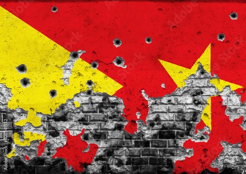 Concept of the Armed Conflict in Region of Tigray in Ethiopia with a painted flag on a cracked wall with wholes of bullets. 3D-Illustration. 3D-rendering