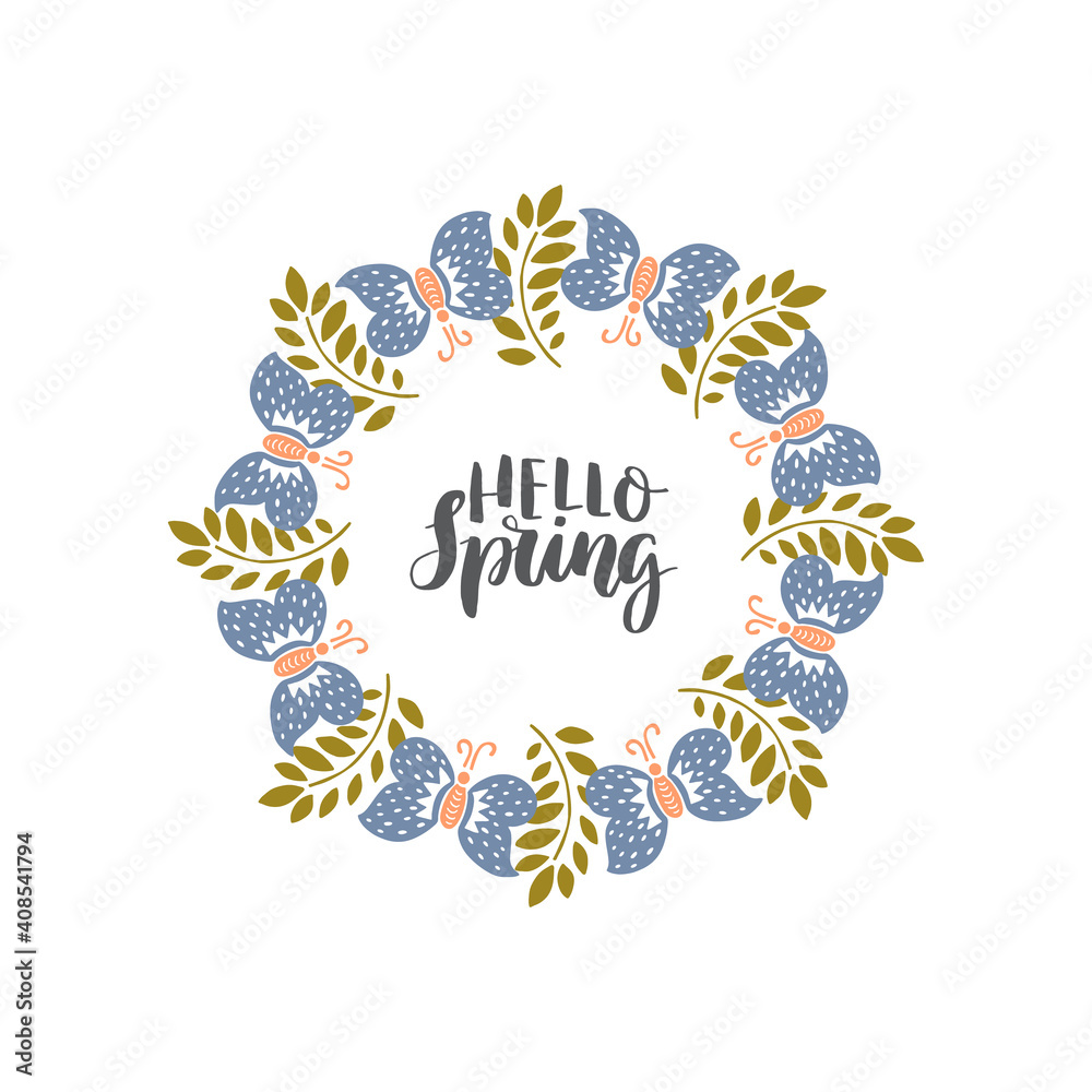 Fototapeta premium Spring lettering with wreath. Spring flower and butterflyes
