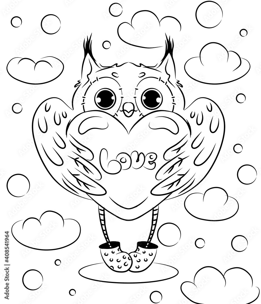 Valentine's Day owl with heart coloring page