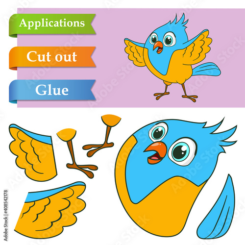 Create paper application the cartoon fun Bird. Use scissors cut parts of Parrot and glue on the paper. Education logic game for preschool kids to help with cutting, sticking and learning about animals