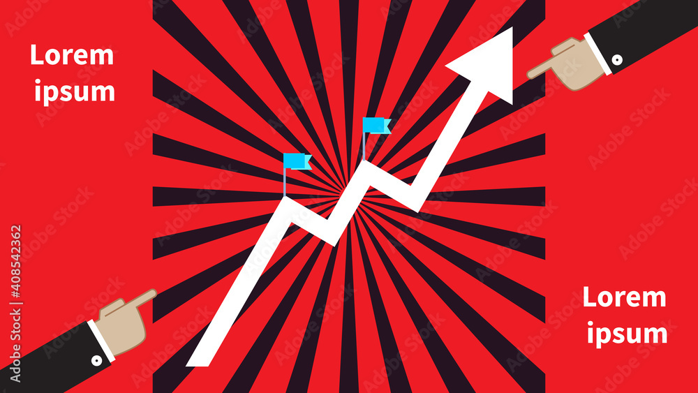 Fototapeta premium Two businessmen hands point on graph. Growth arrow with checkboxes. For finance and economics, workflow layout, banner, web design, infographic template. Vector illustration on red backdrop. Copyspace