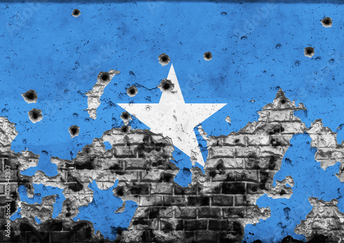 Concept of the Armed Conflict in Somalia with a painted flag on a cracked wall with wholes of bullets. 3D-Illustration. 3D-rendering